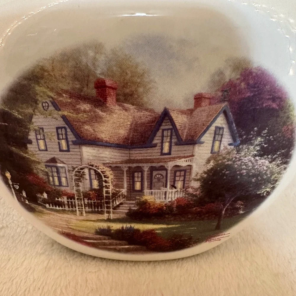 Thomas Kinkade Teapot White New Home Is Where The Heart Is Gold Trim Cottage MCM